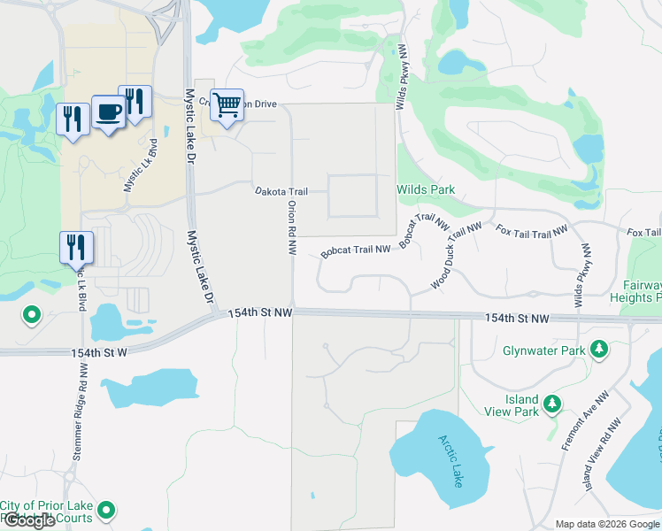 map of restaurants, bars, coffee shops, grocery stores, and more near 15371 Bobcat Circle Northwest in Prior Lake