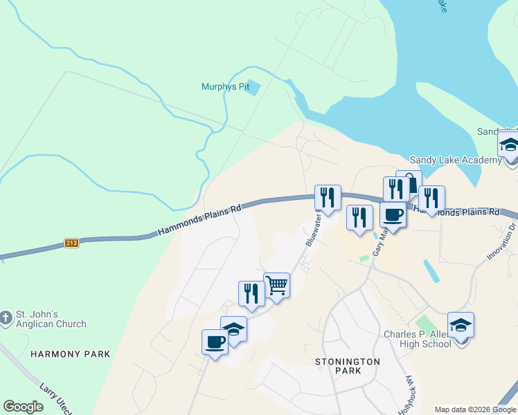 map of restaurants, bars, coffee shops, grocery stores, and more near 680 Hammonds Plains Road in Bedford