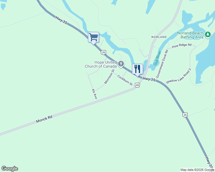map of restaurants, bars, coffee shops, grocery stores, and more near 14 Morrison Street in Kawartha Lakes