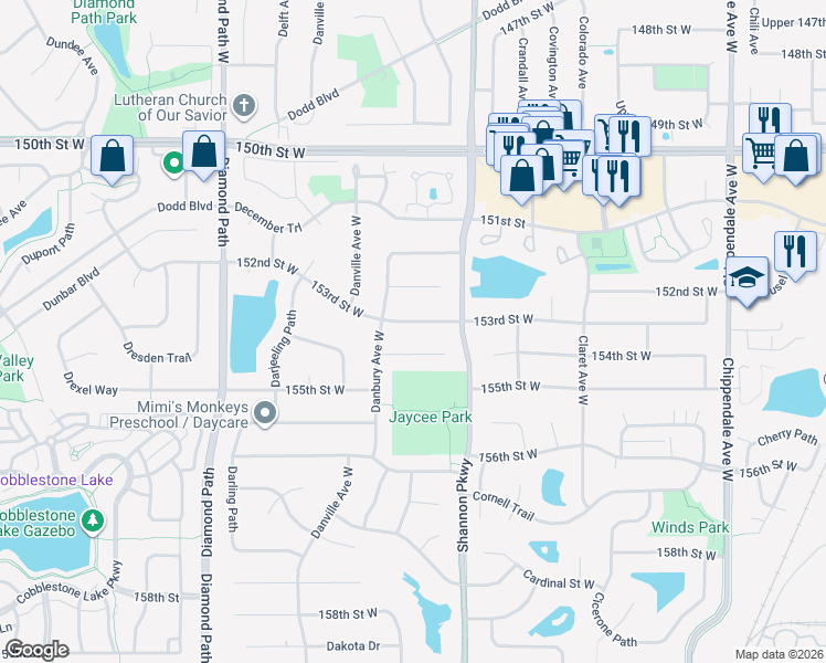 map of restaurants, bars, coffee shops, grocery stores, and more near 4095 153rd Street West in Rosemount