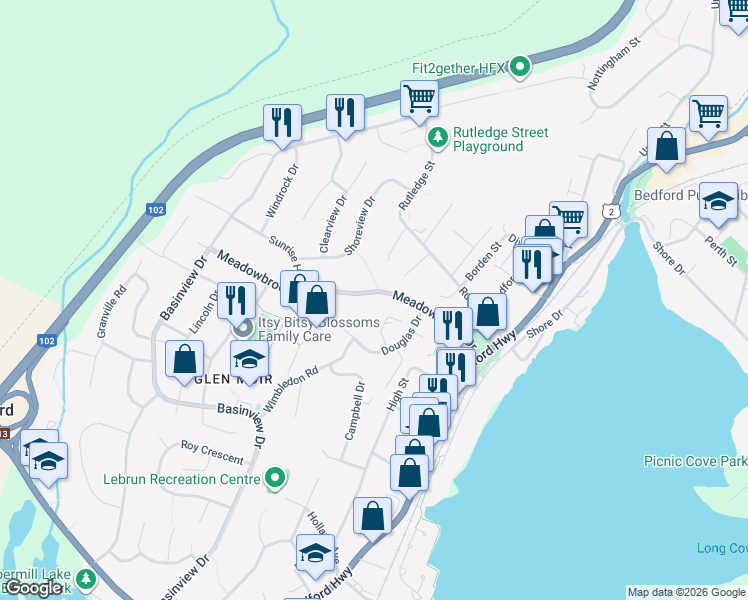 map of restaurants, bars, coffee shops, grocery stores, and more near 64 Meadowbrook Drive in Bedford