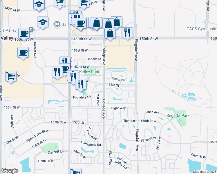 map of restaurants, bars, coffee shops, grocery stores, and more near 15311 Foliage Avenue in Apple Valley