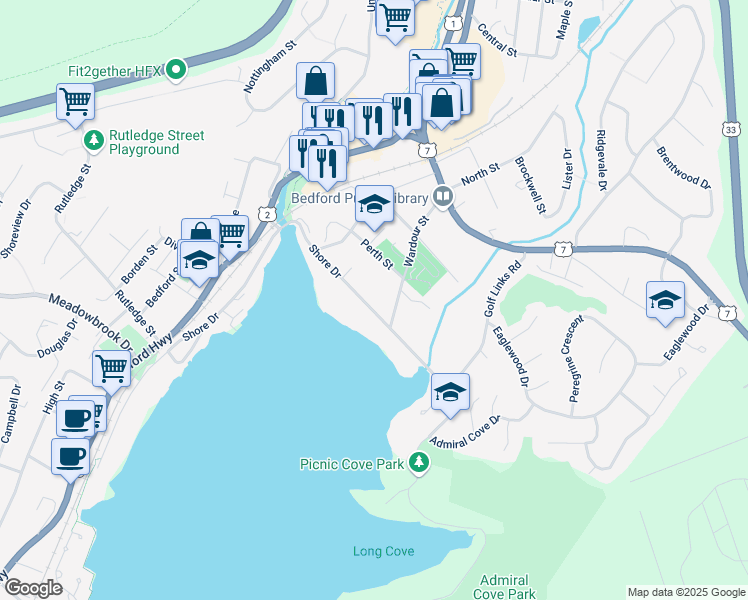 map of restaurants, bars, coffee shops, grocery stores, and more near 708 Shore Drive in Bedford