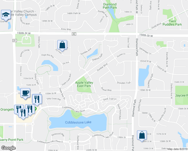 map of restaurants, bars, coffee shops, grocery stores, and more near 15146 Dunbar Boulevard in Apple Valley