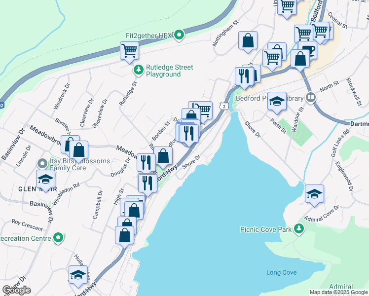 map of restaurants, bars, coffee shops, grocery stores, and more near 1312 Bedford Highway in Bedford