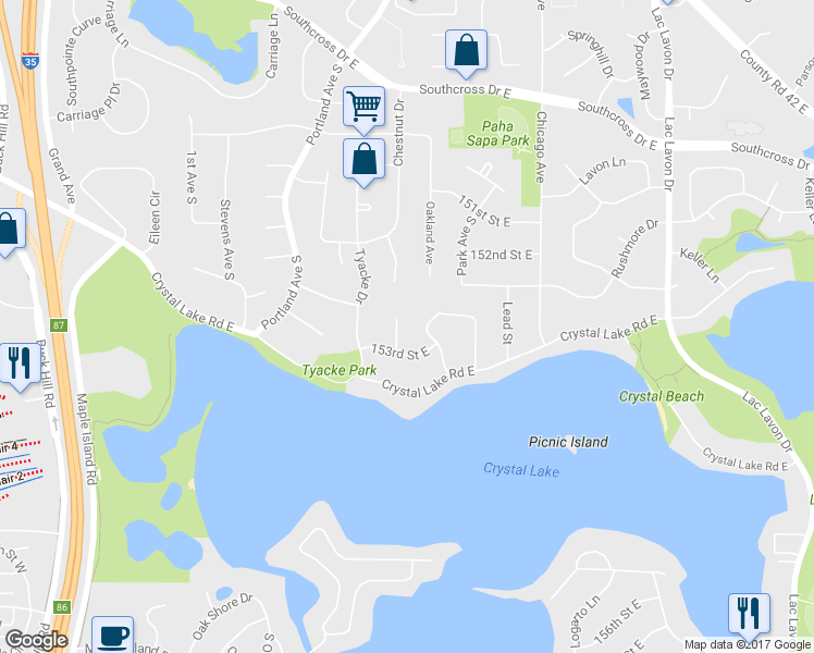 map of restaurants, bars, coffee shops, grocery stores, and more near 15209 Crystal Lake Terrace in Burnsville