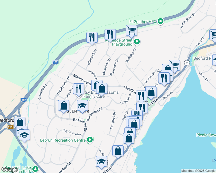 map of restaurants, bars, coffee shops, grocery stores, and more near Meadowbrook Drive in Bedford