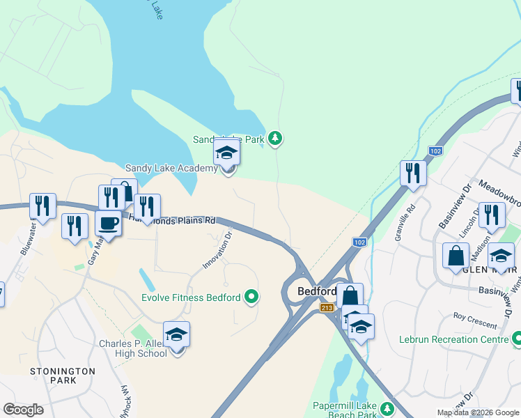 map of restaurants, bars, coffee shops, grocery stores, and more near 7 Killarney Drive in Bedford