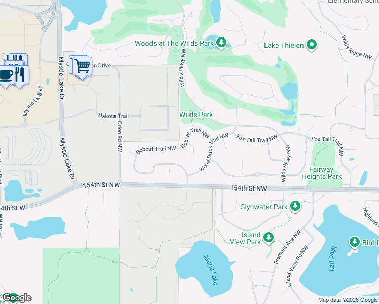 map of restaurants, bars, coffee shops, grocery stores, and more near 15332 Eagles Ridge Northwest in Prior Lake