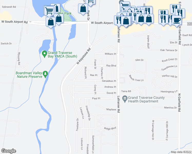 map of restaurants, bars, coffee shops, grocery stores, and more near 1615 Rex Place in Traverse City