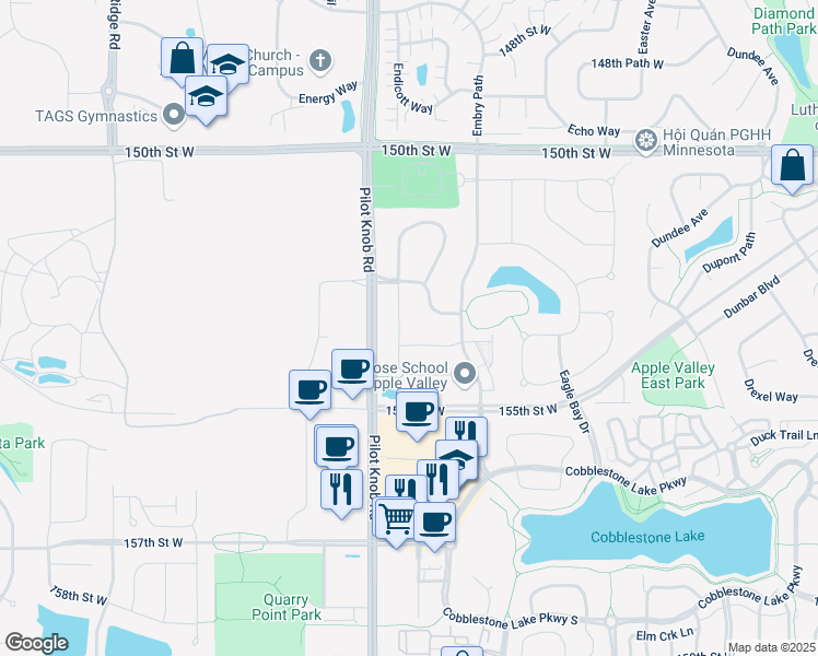 map of restaurants, bars, coffee shops, grocery stores, and more near 15270 Emory Avenue in Apple Valley