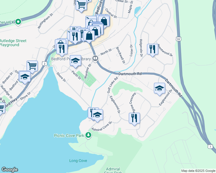 map of restaurants, bars, coffee shops, grocery stores, and more near 70 Golf Links Road in Bedford