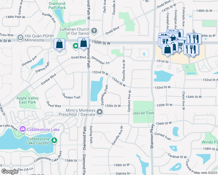 map of restaurants, bars, coffee shops, grocery stores, and more near 15410 Darjeeling Path in Rosemount