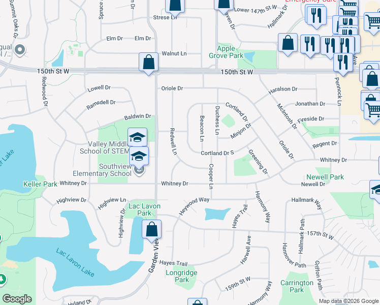 map of restaurants, bars, coffee shops, grocery stores, and more near 972 Cortland Drive South in Apple Valley
