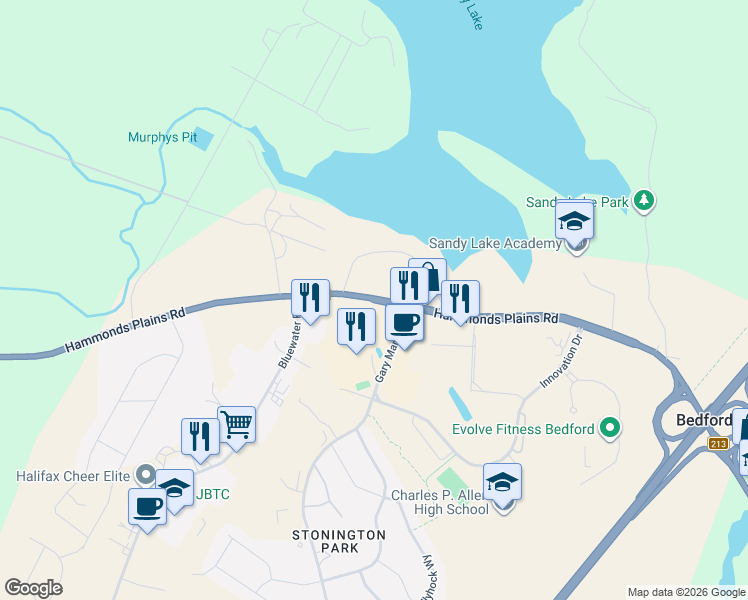 map of restaurants, bars, coffee shops, grocery stores, and more near Hammonds Plains Road in Bedford