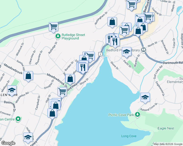 map of restaurants, bars, coffee shops, grocery stores, and more near in Bedford