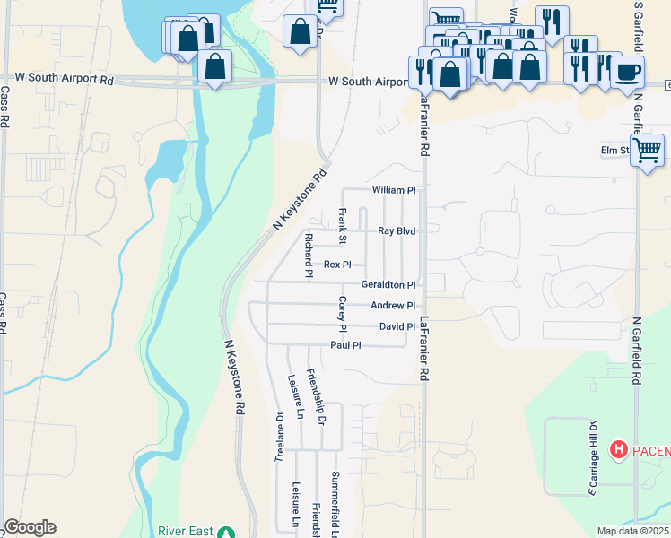 map of restaurants, bars, coffee shops, grocery stores, and more near 1615 Rex Place in Traverse City