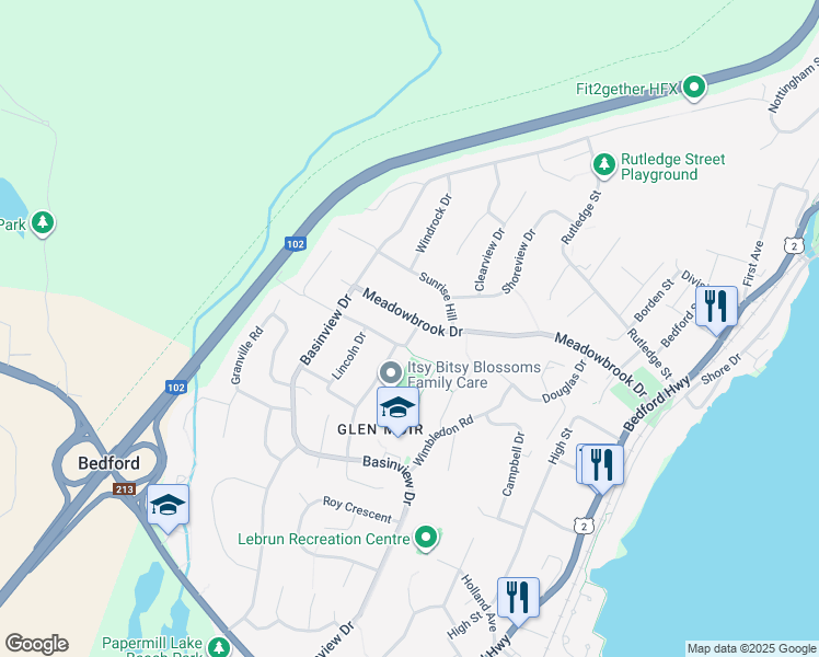 map of restaurants, bars, coffee shops, grocery stores, and more near 108 Beech Street in Bedford