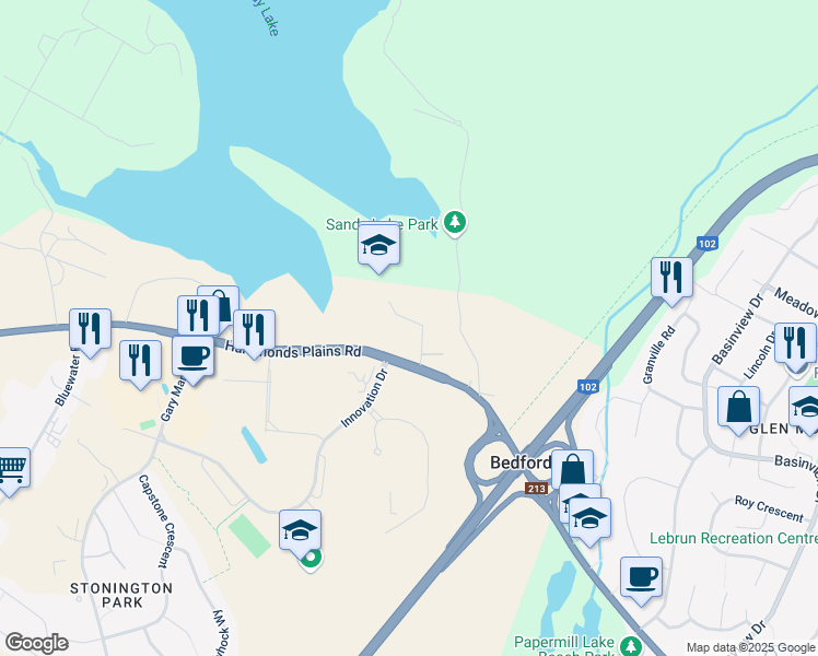 map of restaurants, bars, coffee shops, grocery stores, and more near 10 Killarney Drive in Bedford