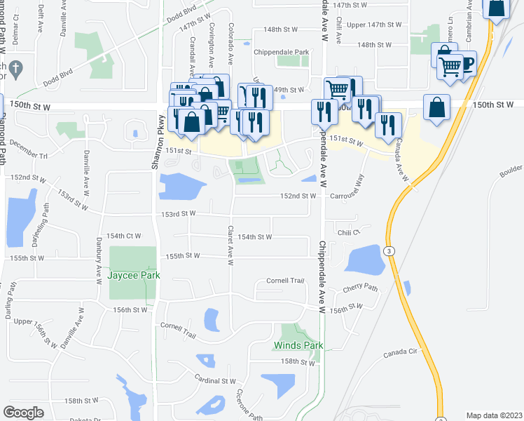 map of restaurants, bars, coffee shops, grocery stores, and more near 3671 153rd Street West in Rosemount
