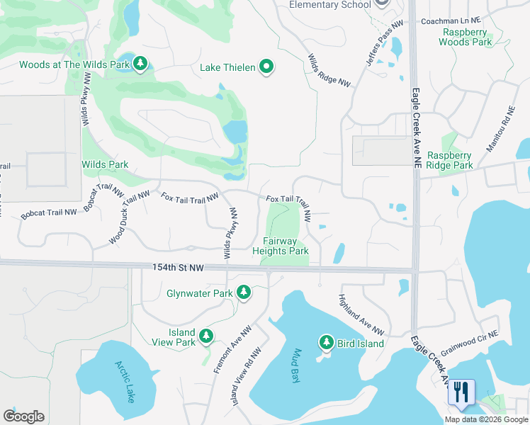 map of restaurants, bars, coffee shops, grocery stores, and more near 15315 Wilderness Ridge Road Northwest in Prior Lake