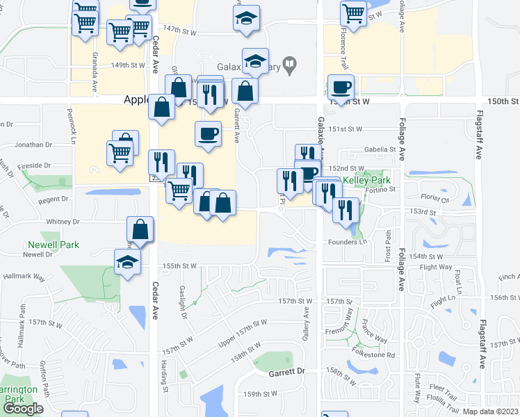 map of restaurants, bars, coffee shops, grocery stores, and more near 7001 153rd Street West in Apple Valley