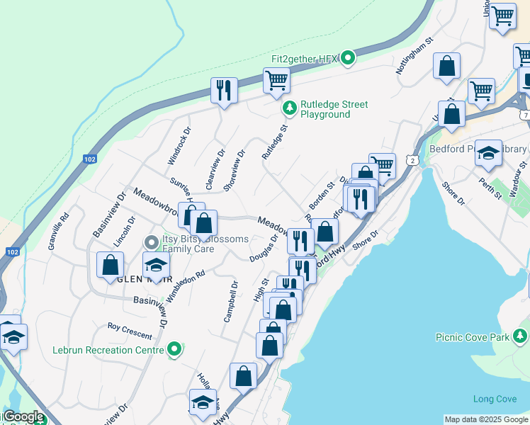 map of restaurants, bars, coffee shops, grocery stores, and more near 124 Rutledge Street in Bedford
