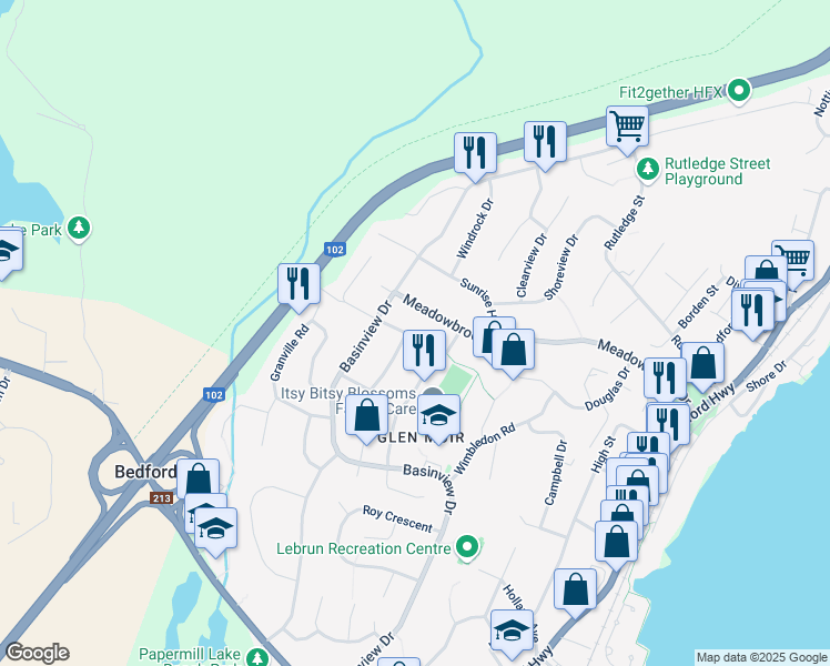 map of restaurants, bars, coffee shops, grocery stores, and more near 27 Orchard Drive in Bedford