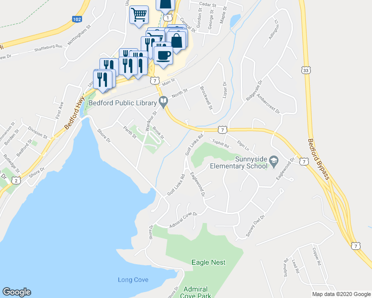 map of restaurants, bars, coffee shops, grocery stores, and more near 74 Golf Links Road in Bedford