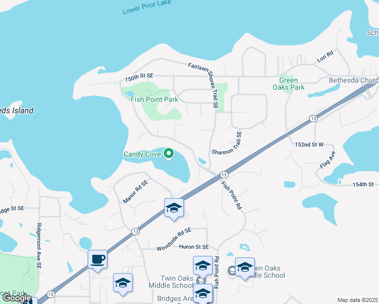 map of restaurants, bars, coffee shops, grocery stores, and more near 15362 Fish Point Road in Prior Lake