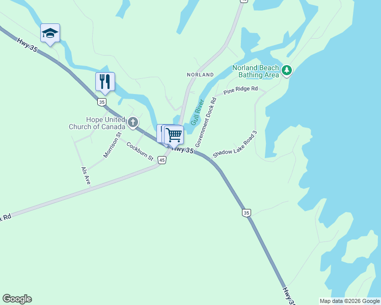 map of restaurants, bars, coffee shops, grocery stores, and more near 7477 Ontario 35 in Kawartha Lakes