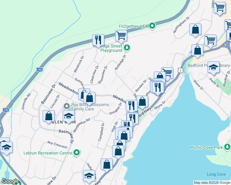 map of restaurants, bars, coffee shops, grocery stores, and more near 124 Rutledge Street in Bedford