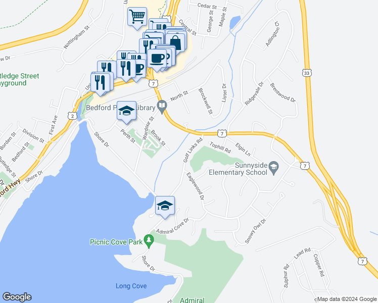 map of restaurants, bars, coffee shops, grocery stores, and more near Golf Links Road in Bedford