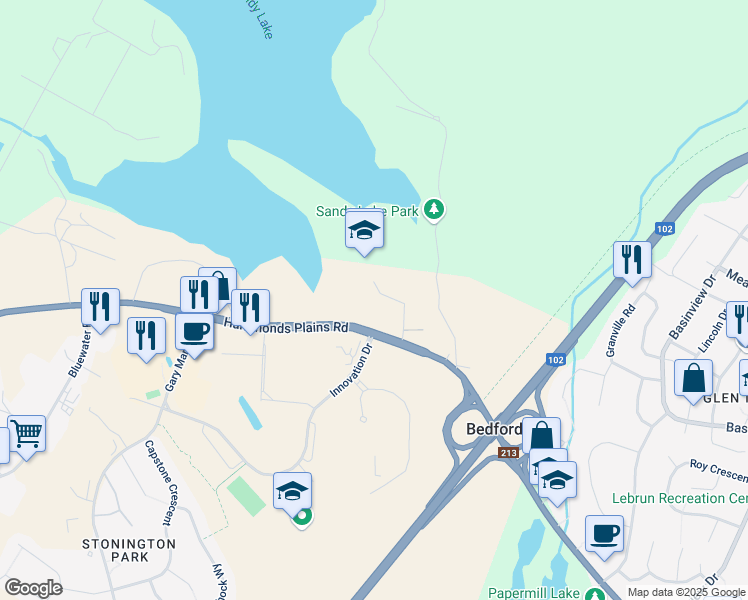 map of restaurants, bars, coffee shops, grocery stores, and more near 10 Killarney Drive in Bedford