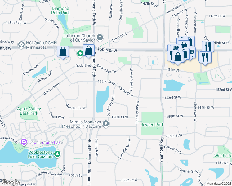 map of restaurants, bars, coffee shops, grocery stores, and more near 15410 Darjeeling Path in Rosemount
