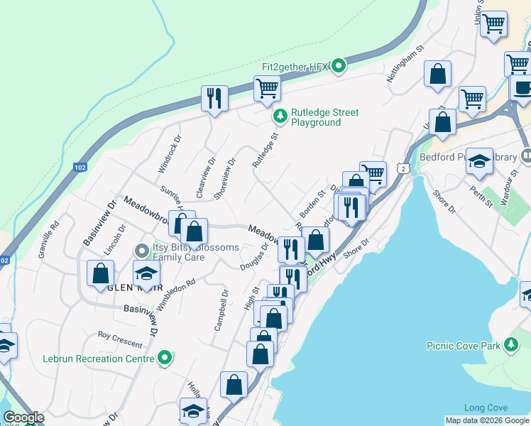 map of restaurants, bars, coffee shops, grocery stores, and more near 120 Rutledge Street in Bedford