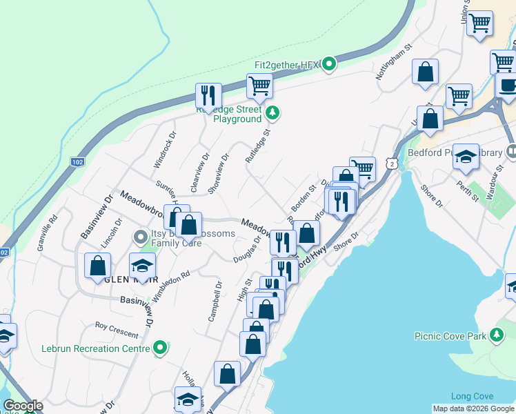 map of restaurants, bars, coffee shops, grocery stores, and more near 124 Rutledge Street in Bedford