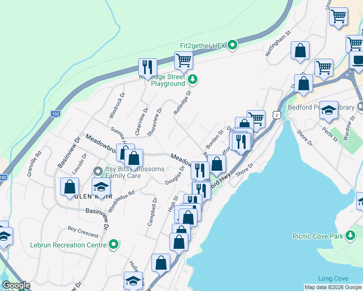 map of restaurants, bars, coffee shops, grocery stores, and more near 120 Rutledge Street in Bedford