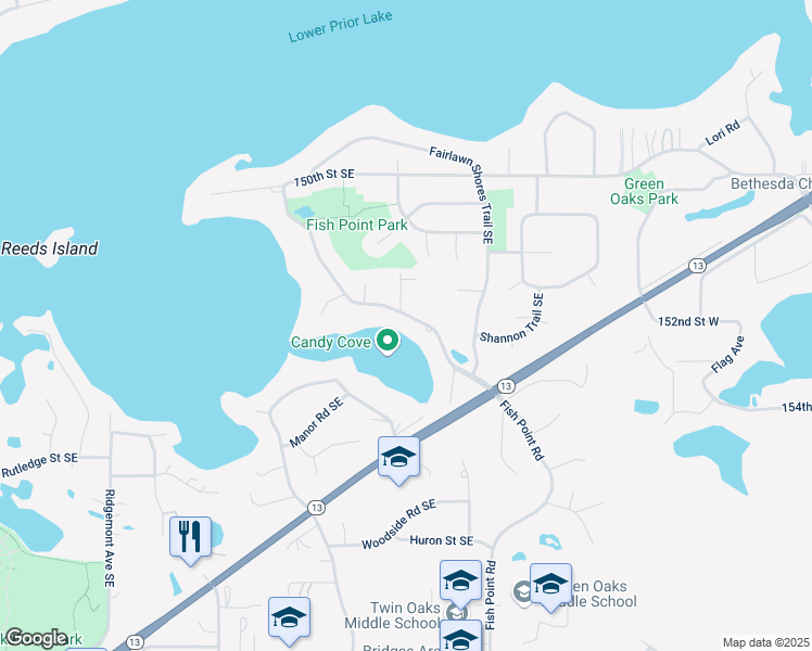 map of restaurants, bars, coffee shops, grocery stores, and more near 15362 Fish Point Road in Prior Lake
