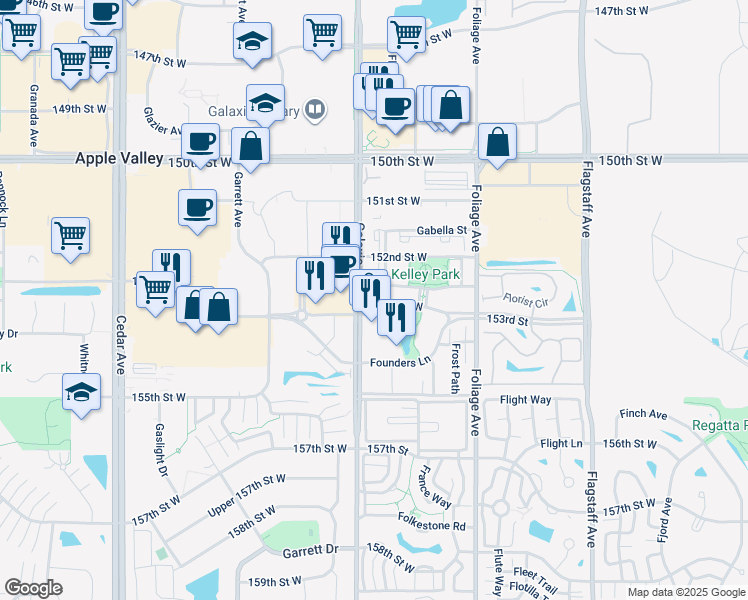 map of restaurants, bars, coffee shops, grocery stores, and more near 101 153rd Street West in Apple Valley