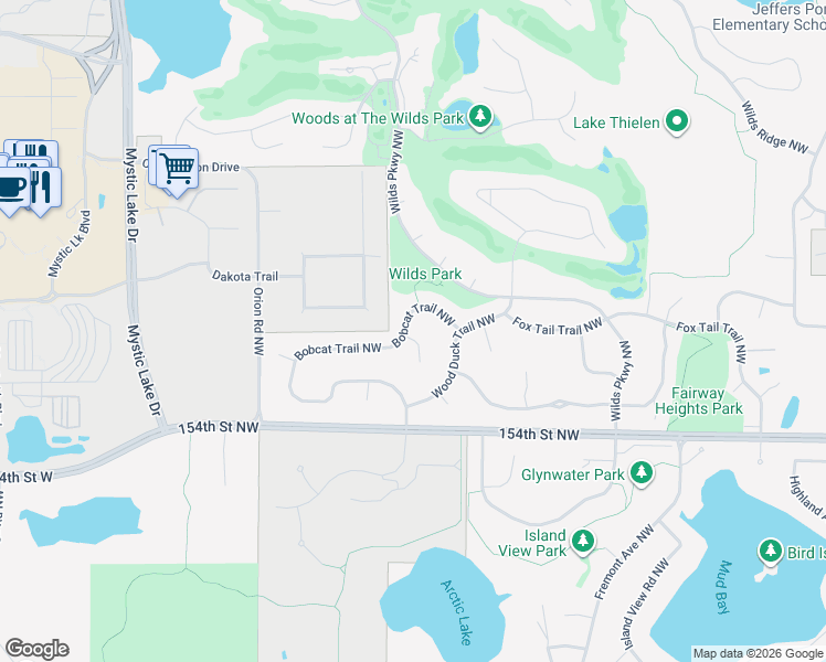 map of restaurants, bars, coffee shops, grocery stores, and more near 15305 Eagles Ridge Northwest in Prior Lake