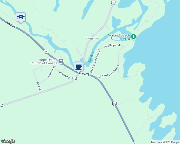 map of restaurants, bars, coffee shops, grocery stores, and more near 7477 Ontario 35 in Kawartha Lakes