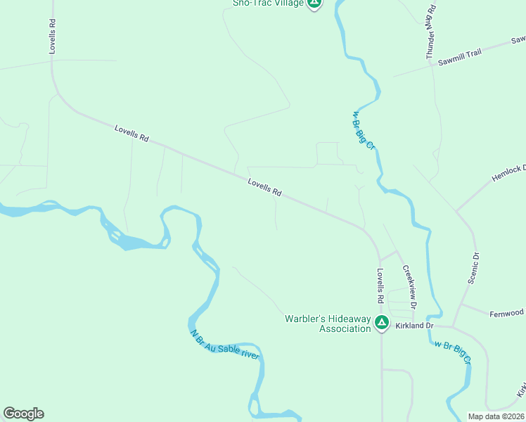 map of restaurants, bars, coffee shops, grocery stores, and more near Lovells Road in Grayling