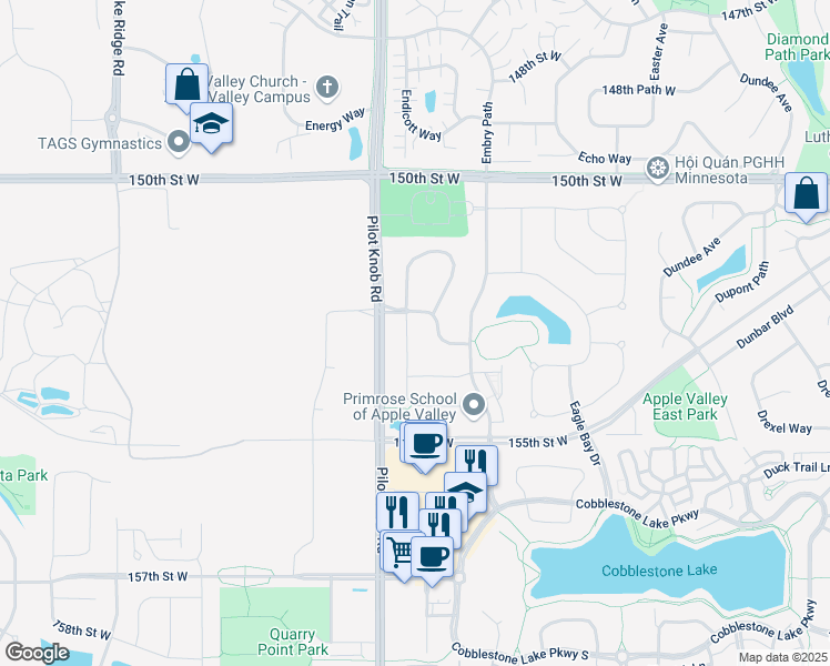 map of restaurants, bars, coffee shops, grocery stores, and more near 15270 Emory Avenue in Apple Valley