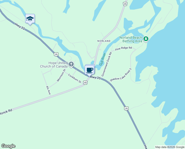 map of restaurants, bars, coffee shops, grocery stores, and more near 3474 Monck Road in Kawartha Lakes