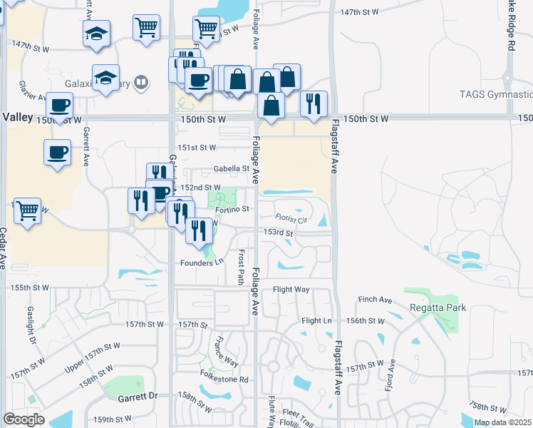 map of restaurants, bars, coffee shops, grocery stores, and more near 15240 Florist Circle in Apple Valley