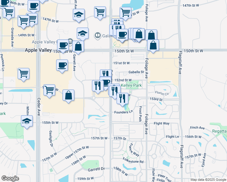 map of restaurants, bars, coffee shops, grocery stores, and more near 15283 Galaxie Avenue in Apple Valley