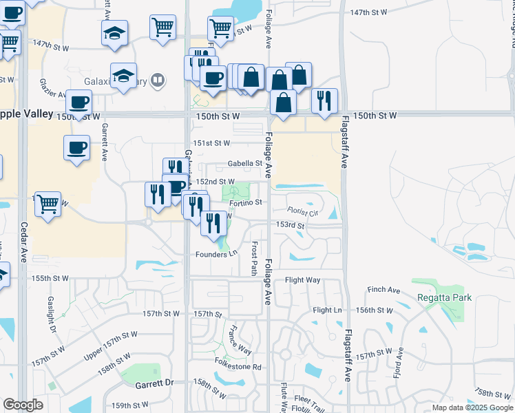 map of restaurants, bars, coffee shops, grocery stores, and more near 15240 Florist Circle in Apple Valley