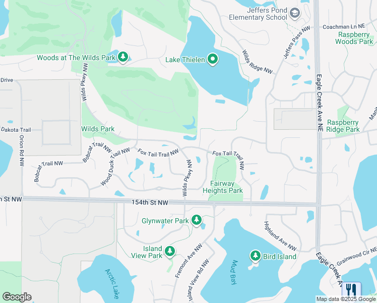 map of restaurants, bars, coffee shops, grocery stores, and more near 3410 Fox Tail Trail Northwest in Prior Lake
