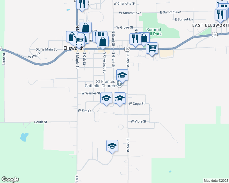 map of restaurants, bars, coffee shops, grocery stores, and more near 321 West Warner Street in Ellsworth